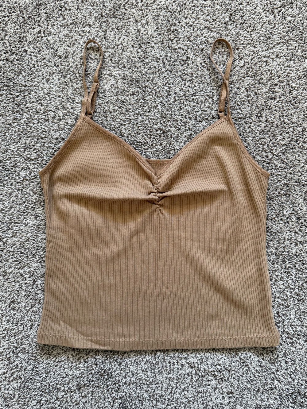 American Eagle Outfitters Tan Brown Ribbed Ruched V-Neck Tank Top